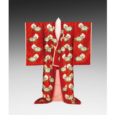 蘇芳地雲立涌地文蝶牡丹上文二陪織物袿